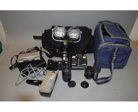 TWO BAGS OF CAMERA EQUIPMENT, including an Olympus OM20 fitted with a 50mm 1:2 Auto S lens and Winder 2, a Miranda 28-70mm 1: