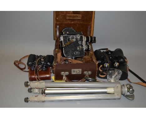 A CASED PAILLARD BOLEX H8 MOVIE CAMERA, a pair of Asahi Pentax 8 x 40 binoculars in case, a pair of Jenoptem 8 x 30 binocular