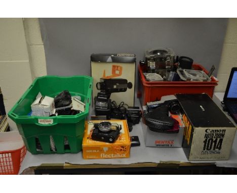 A NIKON CALYPSO UNDERWATER CAMERA, a Canon Auto Zoo, 1014 Super 8 camera, a Pentax Spotmeter 5, a Canon Speedlight 420EZ, two