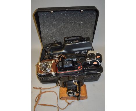 A BOX OF CAMERA EQUIPMENT AND A CASE PHILIPS CAMCORDER, cameras includes Voigtlander, Kodak, Halina, etc