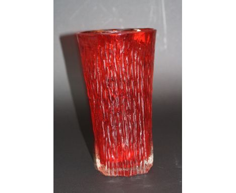 A WHITEFRIARS GEOFFREY BAXTER DESIGNED TEXTURED RUBY GLASS VASE, of conical form, pattern No.9830, height approximately 20.5c