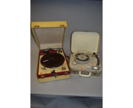 A DECCA 66 RECORD PLAYER, in cream and red tolex finish with winding handle attached and a Spinney Record player in a green v