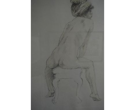 RALPH BROWN RA (1928-2003), female nude seated on a stool, back view, pencil and colour wash, pencil initials and dated (19)9