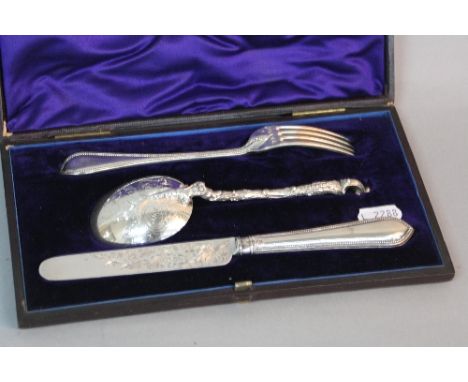 A CASED VICTORIAN DESSERT KNIFE AND FORK, Bead pattern, knife with engraved blade, makers Chawner & Co, London 1874, together