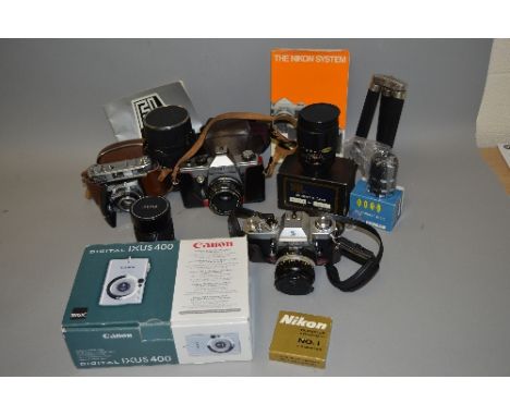 A BOX OF CAMERA EQUIPMENT, including a Nikkormat fitted with a 50mm 1:2 lens, a Canon Lxus 400 Digital camera, a Kodak Retina