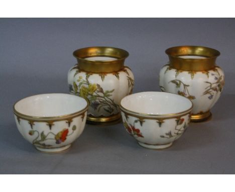 A PAIR OF ROYAL WORCESTER IVORY GROUND SUGAR BOWLS, of lobed circular form, printed and tinted with cornflowers, poppies and 