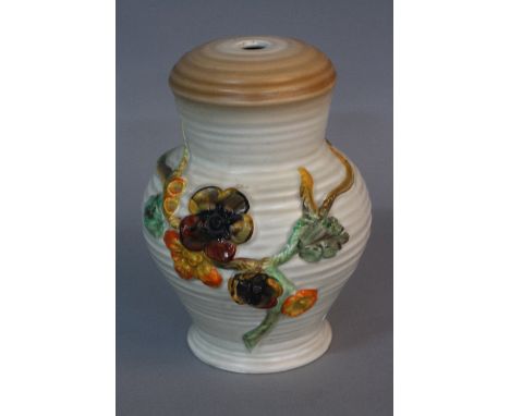 A CLARICE CLIFF NEWPORT POTTERY BALUSTER TABLE LAMP, (no fitting), moulded in relief with floral decoration, printed marks, h