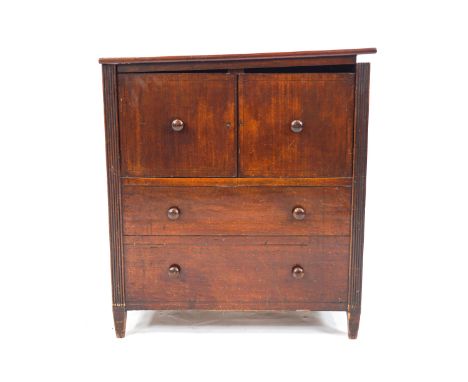 A mahogany commode with plain rectangular hinged lid top over two doors opening to reveal the chamber pot reserve, over two f