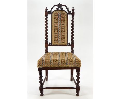 A Victorian rosewood framed child's chair with tapestry seat and back, on barley twist and turned legs, linked by stretchers,