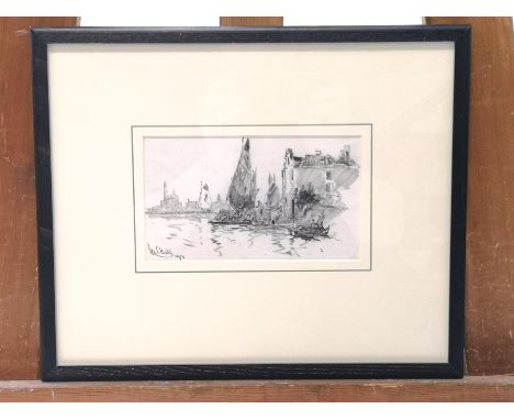 Richard C Haite, Shipping in Venice, Pencil sketch, signed lower left and dated 1928, 10cm x 17cm