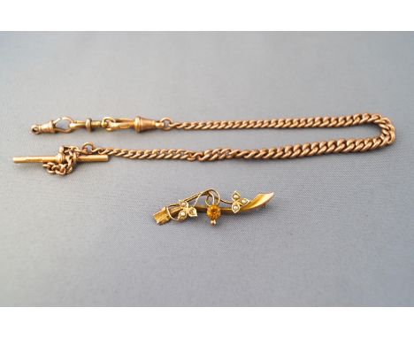 A rose metal graduated albert chain with Tbar and swivel clasp, hallmarked 9ct gold and each link stamps 9.375; together with