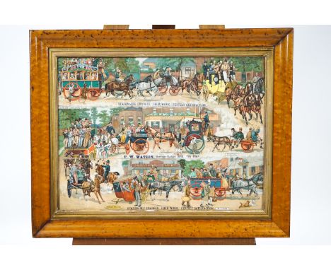 A Victorian chromo lithograph advertising P W Watson Carriage Builder, in burr maple frame, 41cm x 56cm