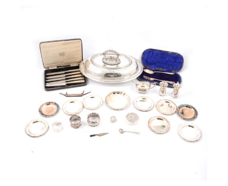 Assorted silver items, silver trowel bookmark, and a cased set of five silver handled knives, etc.