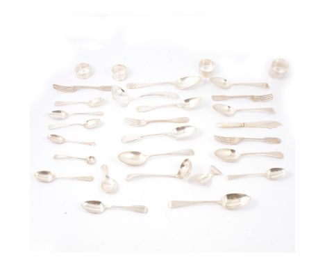 Three Old English pattern silver dessert spoons NT L k &amp; l; four Fiddle dessert forks; sifter spoon; caddy spoons; napkin