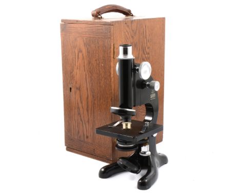 R &amp; J Beck Ltd monocular microscope, model no. 29, additional lens, 30cm, in wooden case with leather handle and key, 38c