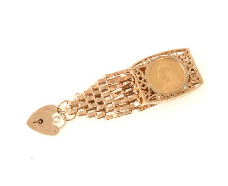 A 9 carat yellow gold six bar gate link bracelet with padlock fastener set with a Half Sovereign, Victoria Jubilee Head Shiel
