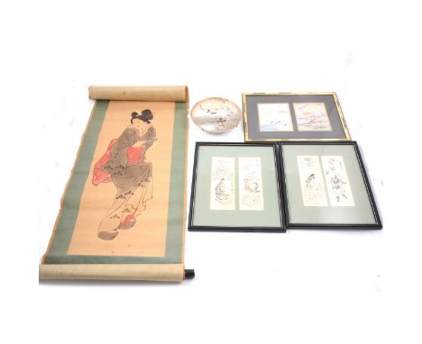 Japanese woodblock print, View of Mount Fuji, after Hiroshige, a scroll painting of a geisha, another landscape on paper, and