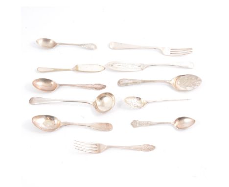 A Victorian silver dessert, maker's mark rubbed, London 1885, engraved on back of handle; a child's silver fork and spoon, Co