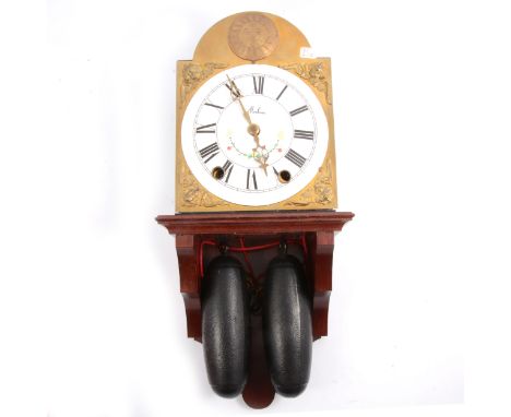 French wall clock, enamelled and brass, mahogany bracket, twin weight movement, approximately 46cm.