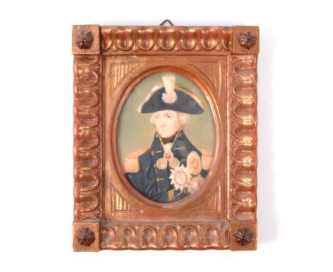Lawrence, Admiral Lord Nelson, head and shoulders miniature portrait, on ivory, oval, signed, 8x5.5cm, gilt frame.