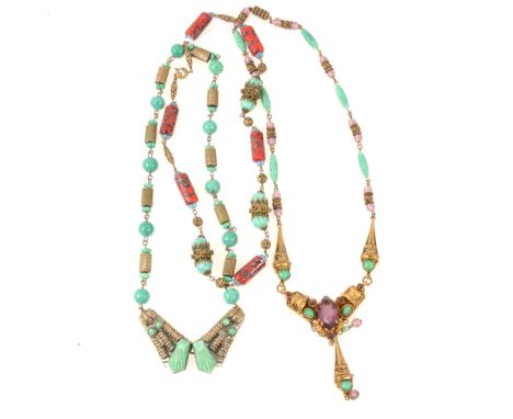 Three Czechoslovakian necklaces set with simulated aventurine quartz and jade, one set with faux amethyst in a sautoir drop, 