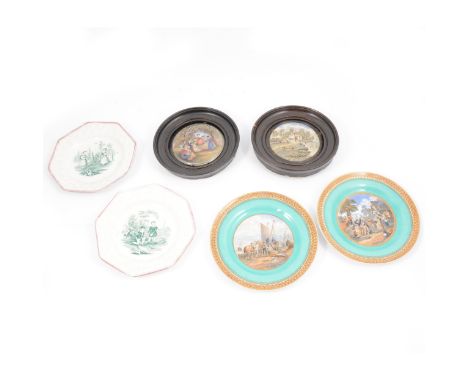 Pair of Staffordshire pearlware nursery plates, octagonal shape, transferred with boys playing marbles, and girls with diabol