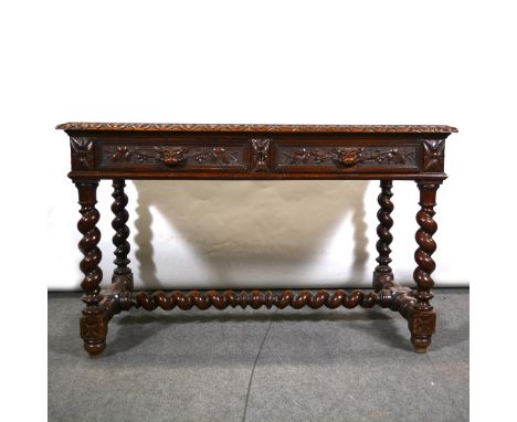 A Victorian carved oak side table, rectangular top, two drawers, barleytwist legs and rails, width 121cm, depth 68cm, height 