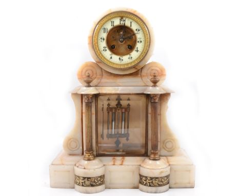 19th Century French alabaster mantel clock, eight-day cylinder movement, striking on a bell, 42.5cm.