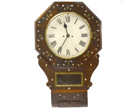 American inlaid rosewood fusee wall clock, cream circular dial with Roman numerals, housed in an octagonal case with glazed l