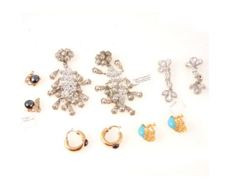 Goldette with simulated turquoise in bark textured mounts, Lisner white metal leaf spray clips, large pear and marquise paste