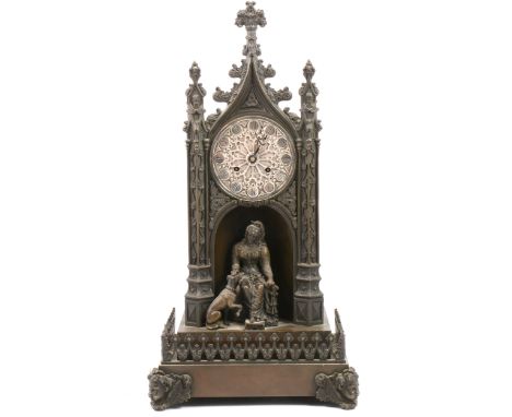 French bronzed metal mantel clock, Gothic case, silvered dial, cylinder movement striking on a bell, 45cm.