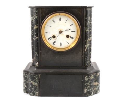 Victorian slate and marble mantel clock, circular enamelled dial, cylinder movement striking on a bell, 27.5cm.