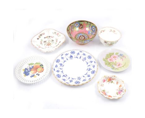 A Spode 'Blue Colonel' cake plate, 27.5cm; a Maling bowl, pink ground, 21cm; and other ceramic plates and bowls.