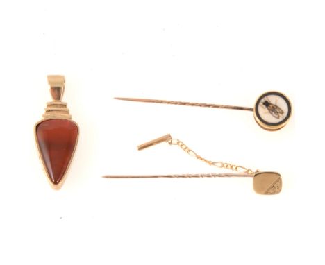 A 9 carat yellow gold arrow shaped pendant set with a cornelion to one side and bloodstone to other, hallmarked Birmingham (n