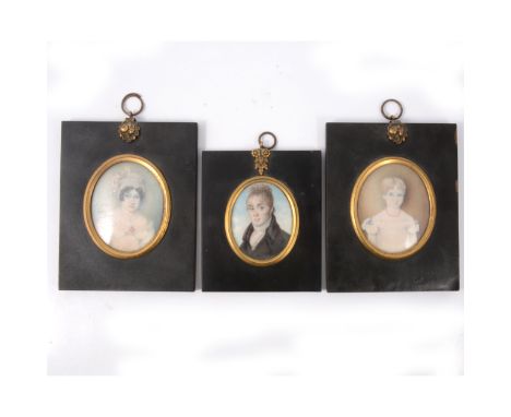 English School, 19th Century, head and shoulders portrait of a young girl, unsigned, on ivory, 7x5.7cm, oval, ebonised frame;