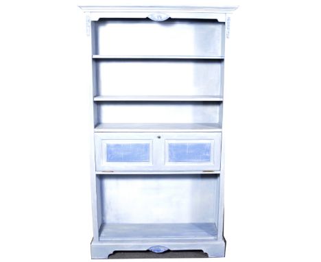 Contemporary grey painted open bookcase secretaire, moulded cornice, adjustable shelves, secretaire fall front, bracket feet,