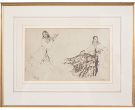 Sir William Russell Flint, Three studies of figures, including a bell ringer, print, 8cm x 17cm; and another study of two fem