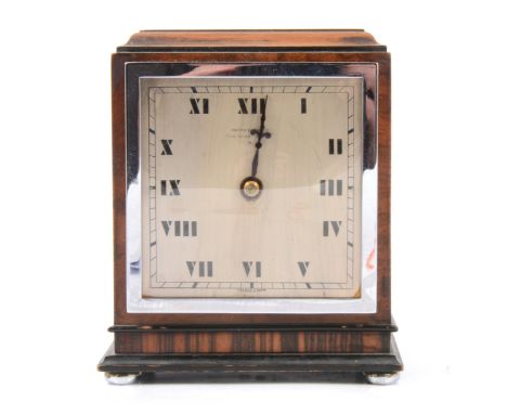 Art Deco walnut mantel clock, silvered dial signed Mappin &amp; Webb, cylinder movement, 15cm.