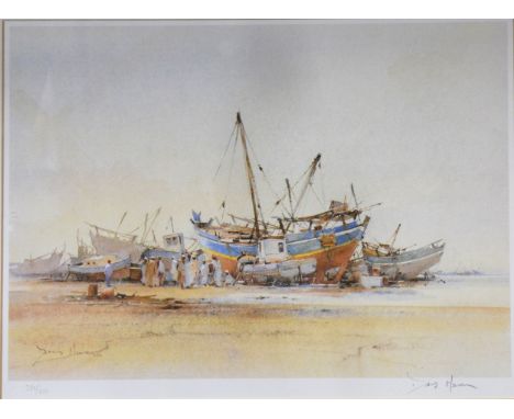 Contemporary, Boats at low tide, indistinctly signed and numbered in pencil 389/500, print, 25cm x 36cm.