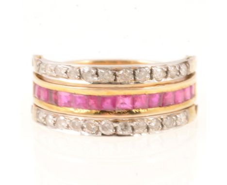 A ruby and diamond three row eternity style, hinged swivel ring, fifteen square cut rubies channel set and bordered by two ro