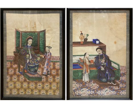 Two Chinese watercolours on silk, seated figures, applied borders, 28cm x 18cm; Japanese watercolour on silk; and a Fuji Musu