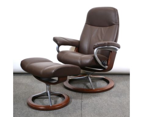 Stressless brown leather easy chair and stool.