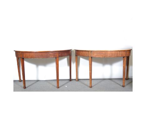 Two mahogany D-end console tables, crossbanded outline, plain frieze, square tapering legs, width 120cm, depth 59cm, height 7