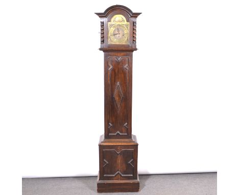 Oak grandmother clock, domed hood with moulded cornice, barley twist columns, long door, applied geometric moulding, similar 