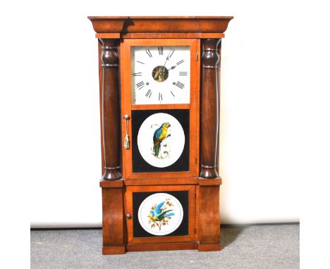 American shelf clock, mahogany case, printed glass panels, painted dial, Seth Thomas movement striking on a gong, width 47cm,