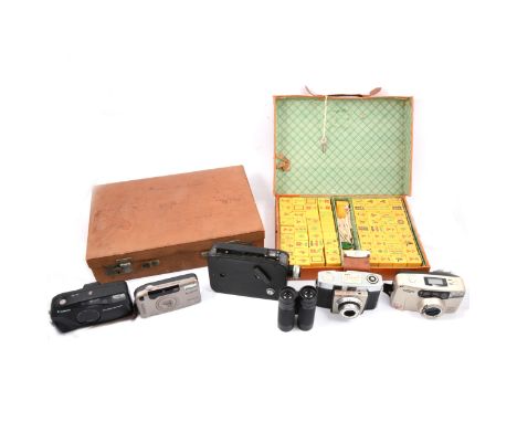 A Mahjong set in a leather case; small leather attaché case; cameras, etc.