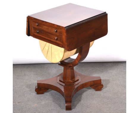 William IV rosewood work table, rectangular top with two drop leaves, rounded corners, two frieze drawers opposed by dummy dr