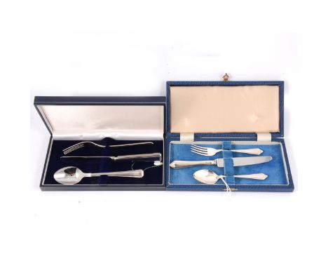 Silver three piece christening set, W I Broadway &amp; Co, Birmingham 1989/1990, knife, fork and spoon; and a similar set in 