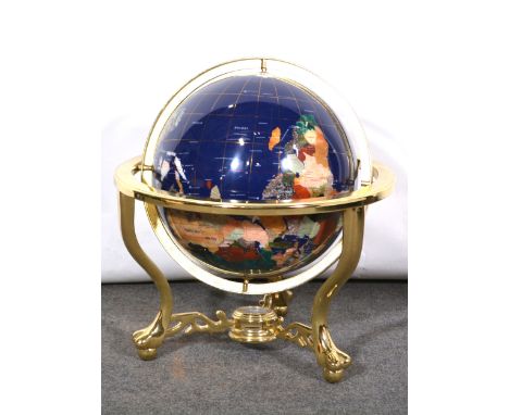 Modern brass and hardstone globe, globe diameter 31cm, height 49cm.