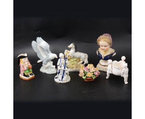 Sitzendorf porcelain figures of Napoleon and Exelmans, biographical details to bases, 23cm and 24cm; other porcelain and flat